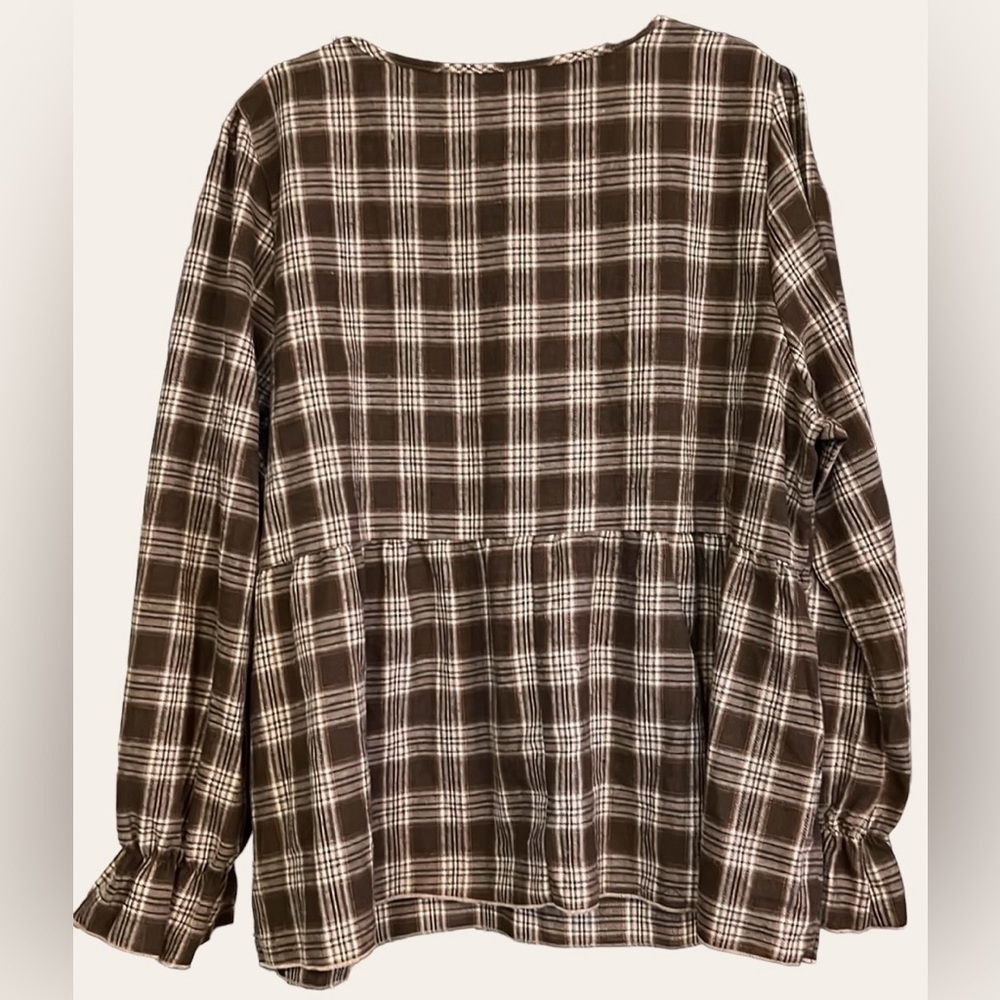 S H E I N Curve Brown/Cream/Gold Plaid Flannel Babydoll Top, Sz 4XL(20),EUC. - Picture 7 of 8